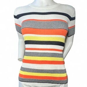 70s Revival Retro Elodie Striped Ribbed Knit Short Sleeve Blouse Orange BlackM